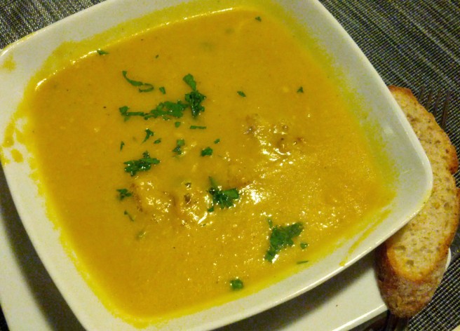 Pumpkin soup served with sourdough bread € 6