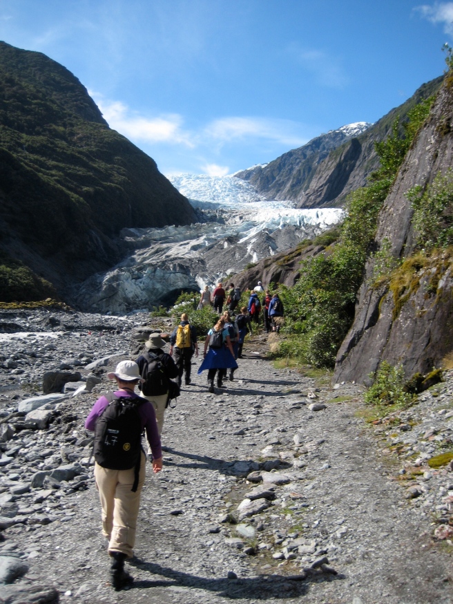 Our group of 12 approaching the little hill to begin our glacier hike. 